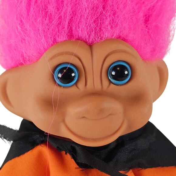 Troll Doll 6" Pink Hair Halloween Outfit Orange Shirt Black Cape 1991 TNT - Picture 2 of 14